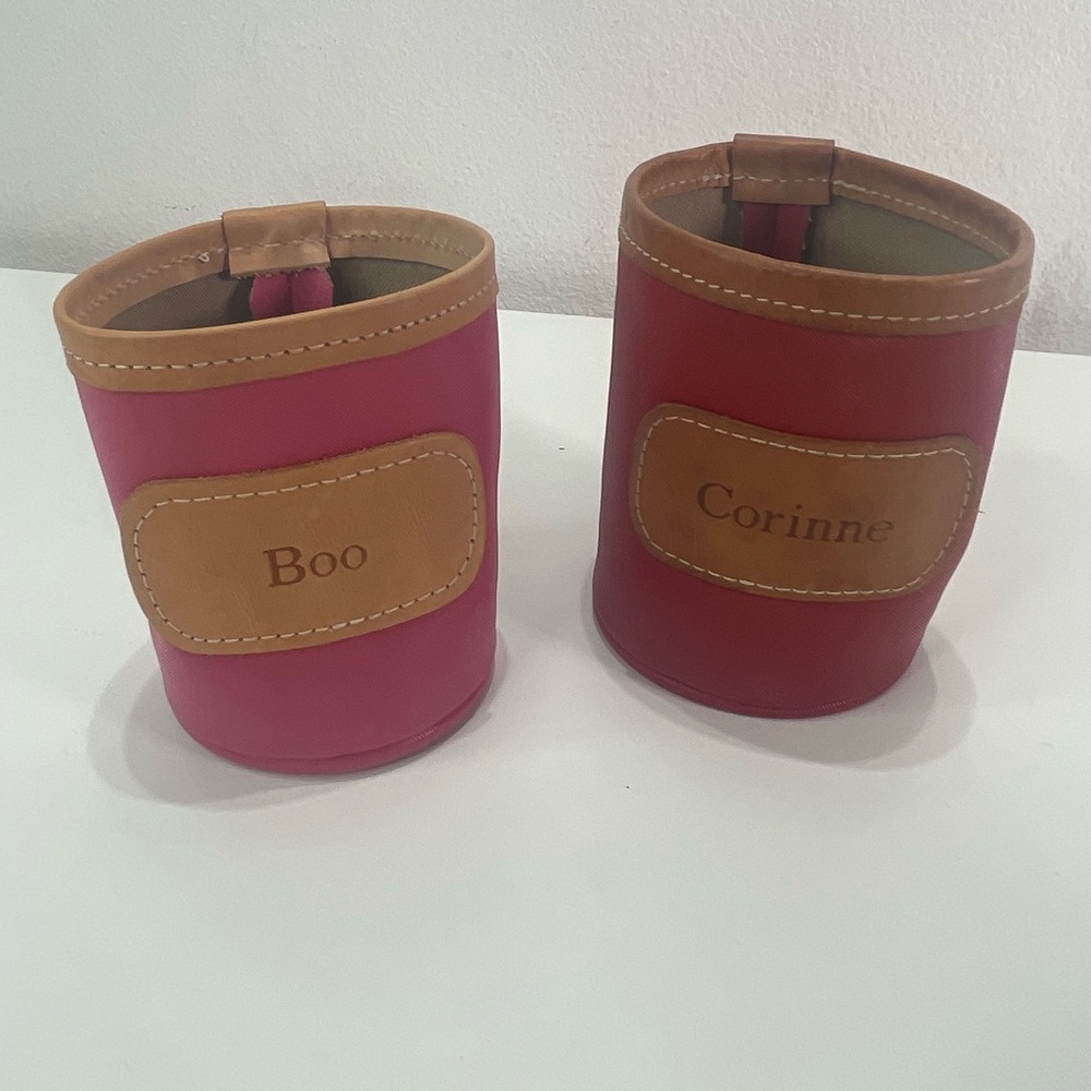 lot 2 Jon Hart Pink and Red Canvas and Leather Koozie 5” Sleeves Only